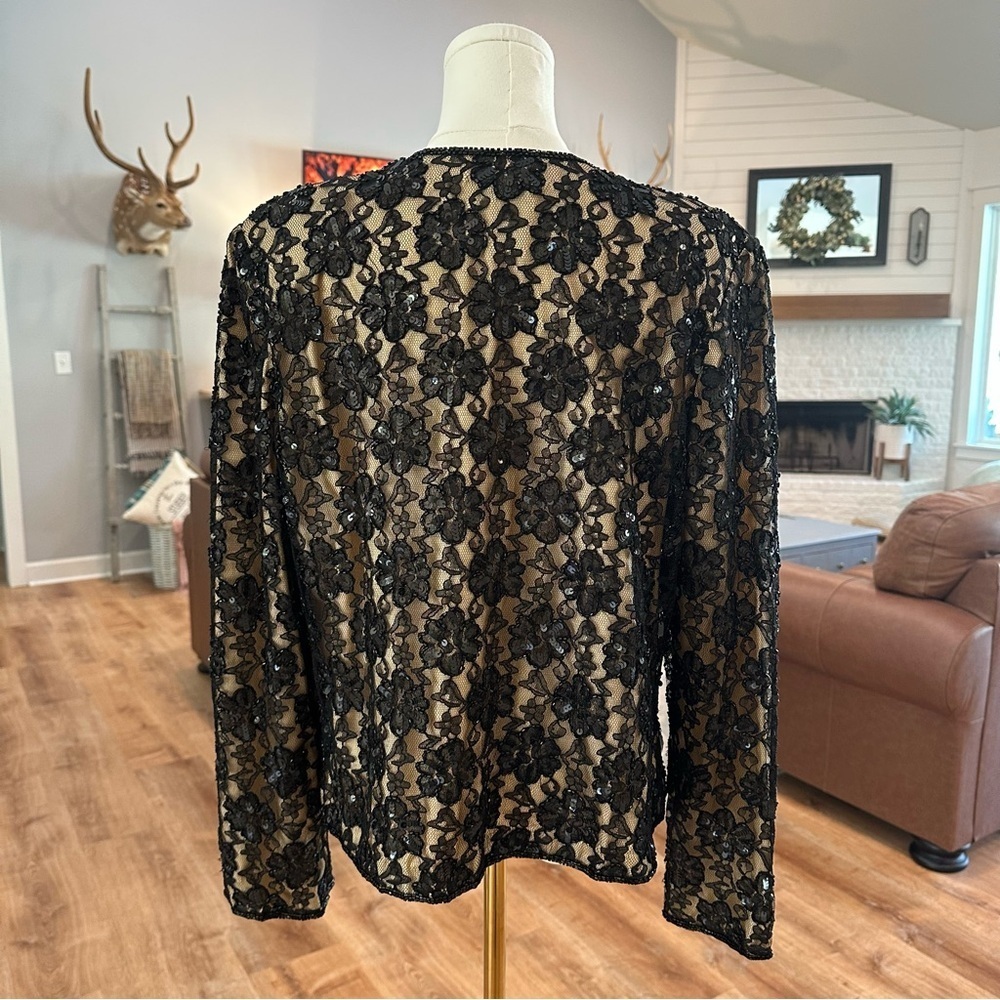 Women's 14 Black Beaded Lace Open Lined Cocktail Holiday Formal Party Jacket - Picture 5 of 7